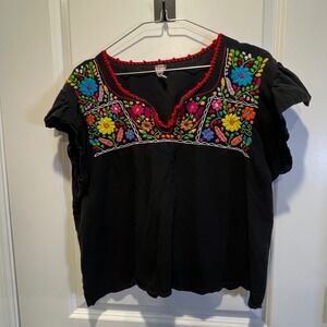 Black Embroidered Folk Art Blouse Mexican Artisan V Neck Cotton Size G